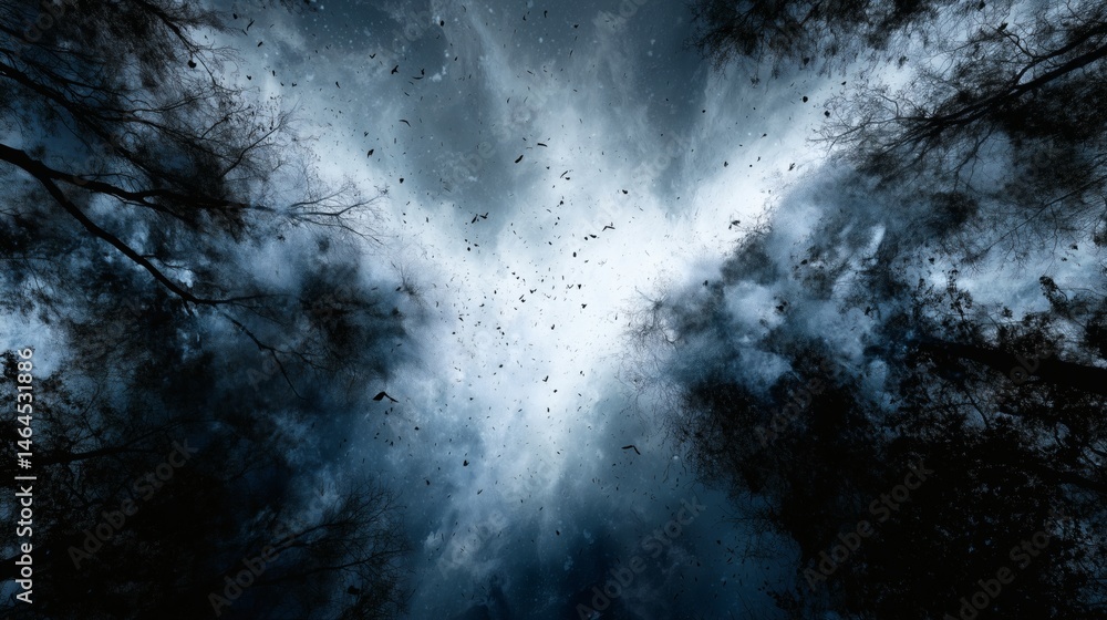 Dark forest stormy sky, Surreal atmospheric nature scene, Ideal for fantasy or horror visual themes
