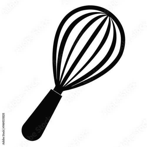 Solid black wire whisk floats on a stark white background, showing kitchen utensil