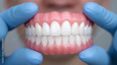 Obraz na płótnie Dentist holding dental prosthesis, Close-up of artificial teeth model, Concept for dental care or prosthodontics w salonie
