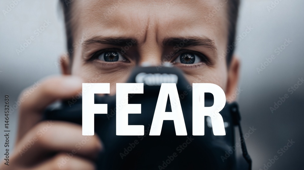 Fearful eyes behind camera lens, Close-up of person holding camera with FEAR text, Perfect for fear and media symbolism concepts