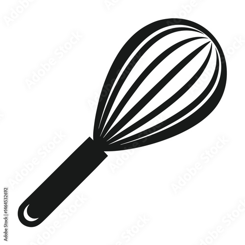 A simplistic black whisk with looping wires and a solid handle stands alone