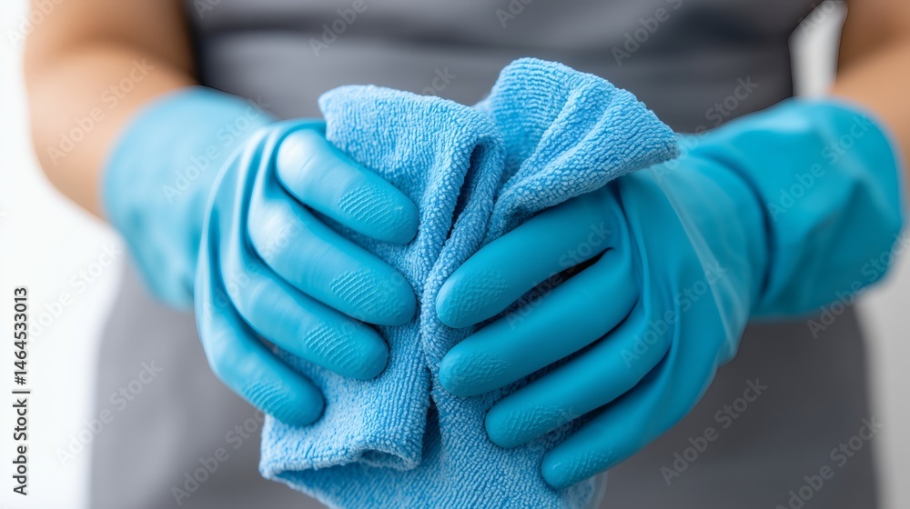 Hands in gloves holding cleaning cloth, Blue gloves gripping microfiber towel, Concept for hygiene, disinfection or cleaning services