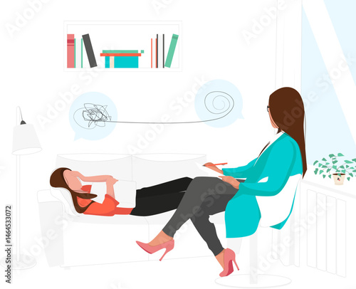 Vector colourful illustration of psychologist with client talking in the office isolated on white background. Therapy session with a psychotherapist to improve mental health.