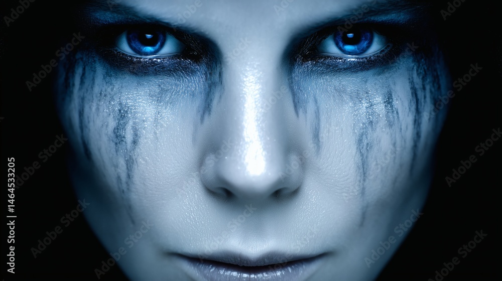 Intense blue-eyed woman face, Horror fantasy makeup close-up, Ideal for thriller, game or Halloween visuals