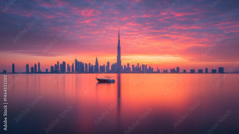 Naklejka premium Serene sunrise cityscape with boat reflection