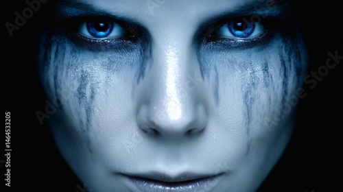 Obraz na płótnie Intense blue-eyed woman face, Horror fantasy makeup close-up, Ideal for thriller, game or Halloween visuals w salonie