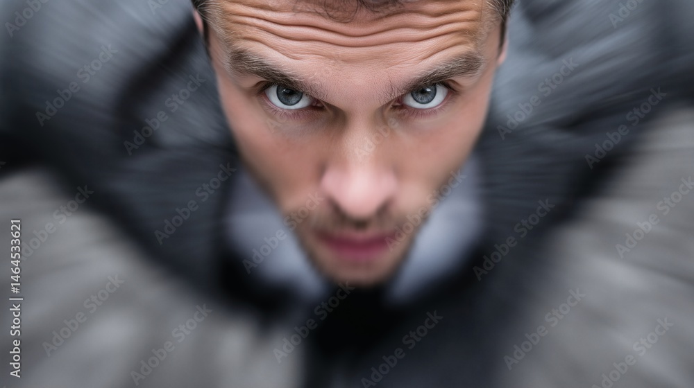 Man staring upward with intensity, Close-up face with dramatic expression, Concept image for pressure or confrontation themes