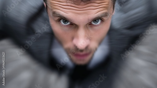 Man staring upward with intensity, Close-up face with dramatic expression, Concept image for pressure or confrontation themes