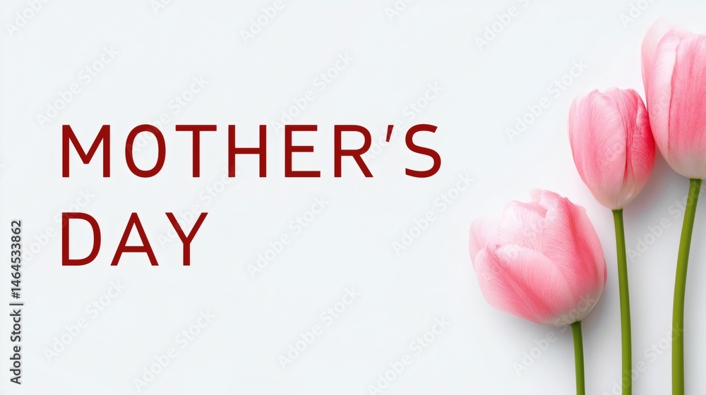 Mother's Day greeting with tulips, Pink tulip bouquet with text, Concept for holiday card or floral celebration theme