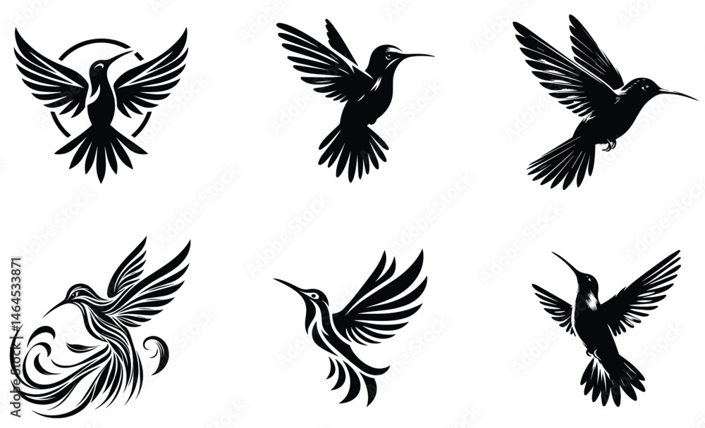 Six Unique Hummingbird Silhouettes Perfect for Logos and Designs Six Unique Hummingbird Silhouettes Perfect for Logos and Designs