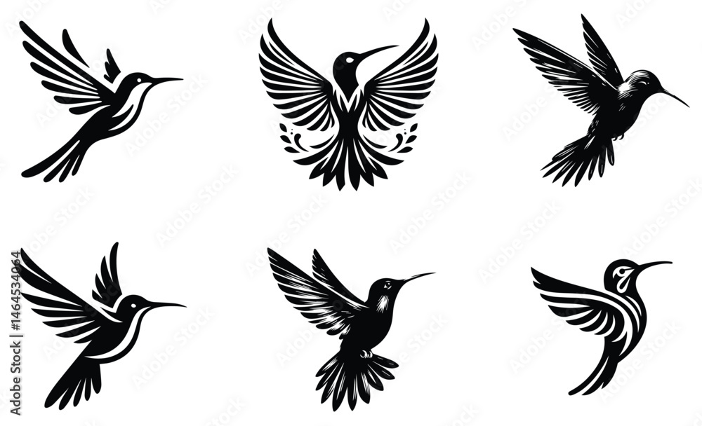 Collection of Six Stylized Hummingbird Designs in Black Silhouettes Collection of Six Stylized Hummingbird Designs in Black Silhouettes