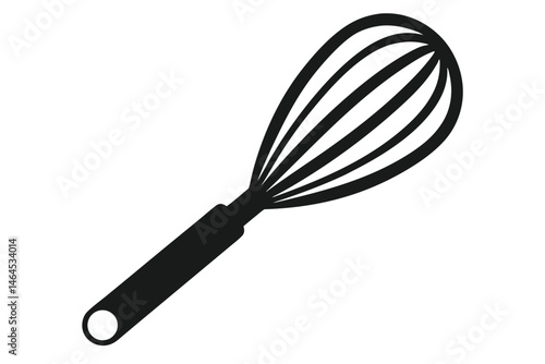 Black whisk with a handle is shown on an isolated, plain white background