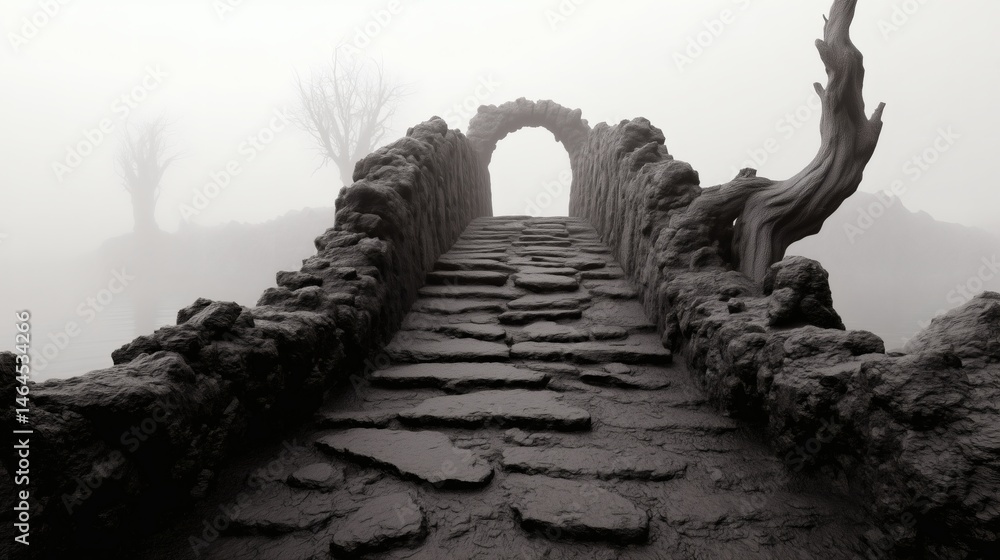 Old stone bridge in fog, Mysterious archway path, Ideal for fantasy, mystery or medieval scene compositions