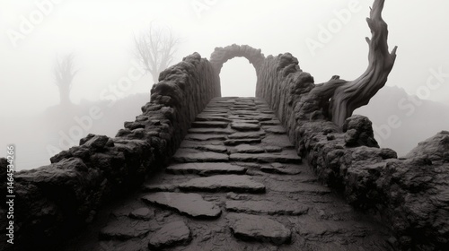 Obraz na płótnie Old stone bridge in fog, Mysterious archway path, Ideal for fantasy, mystery or medieval scene compositions w salonie