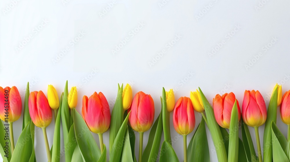 Red and yellow tulips on white background, Border of vibrant tulips in spring colors, Concept for seasonal floral design or holiday card
