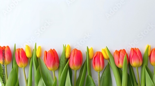 Obraz na płótnie Red and yellow tulips on white background, Border of vibrant tulips in spring colors, Concept for seasonal floral design or holiday card w salonie
