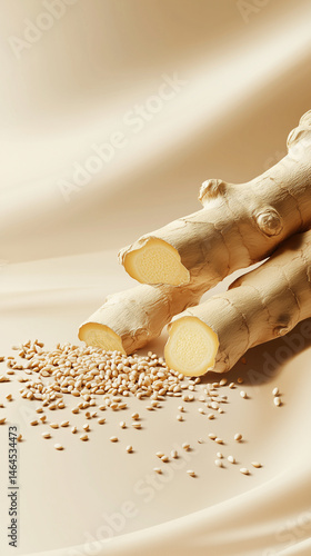 Food composition with a fresh ginger root on a soft beige background with a scattering of sesame seeds in neutral color palette and minimalist style for  food packaging, organic ingredients. 