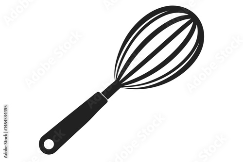 The black wire whisk, iconic kitchen utensil, is isolated on a bright, simple background