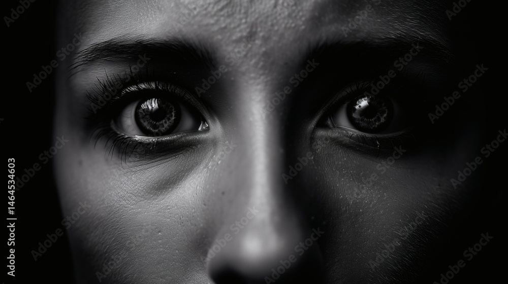 Scared eyes in darkness, Black and white close-up of fear, Ideal for suspense, thriller or fear-based messaging