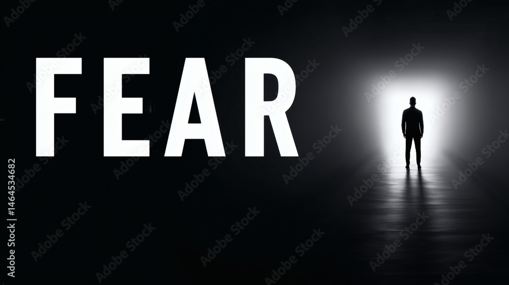 Silhouette with FEAR text in darkness, Man facing bright unknown space, Concept for psychological fear or inner journey