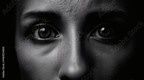 Obraz na płótnie Scared eyes in darkness, Black and white close-up of fear, Ideal for suspense, thriller or fear-based messaging w salonie