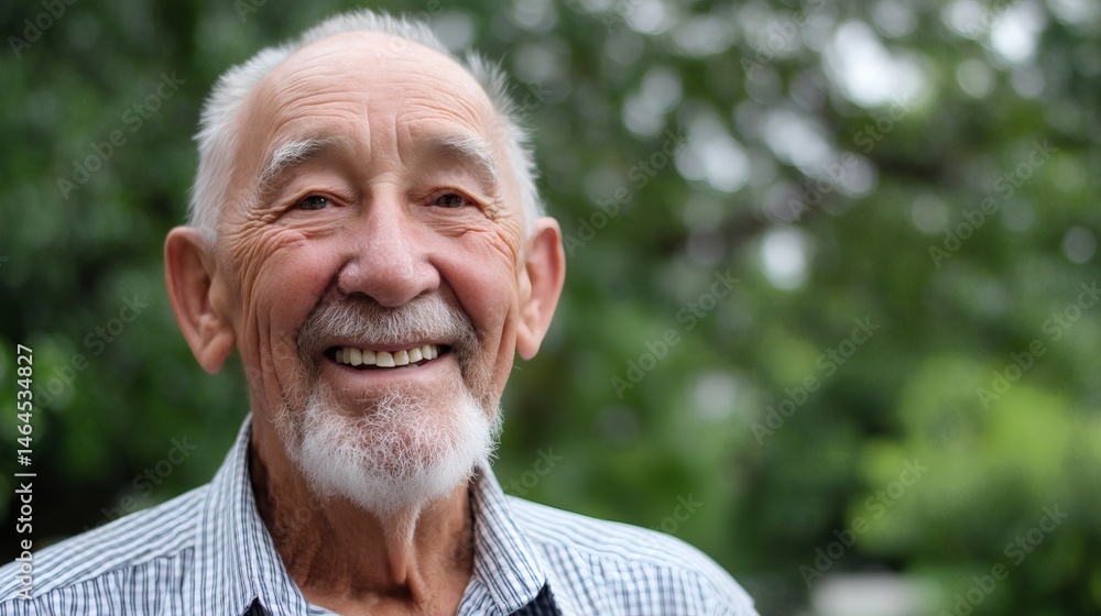 Smiling elderly man in nature, Happy senior with white beard, Concept for joy, aging positively or senior lifestyle