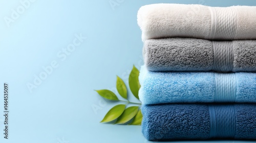 Stack of towels with leaves on blue background, Spa or eco wellness branding concept, Suitable for skincare or bath product ads