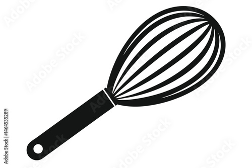 A simplistic black silhouette of a wire whisk with handle is displayed centrally