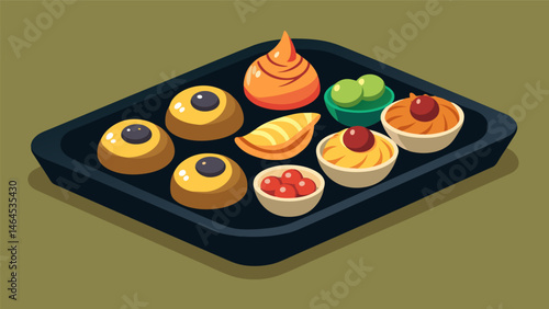 A chic black and gold tray filled with warm mini quiches buttery croissants and assorted fruit preserves.. Vector illustration
