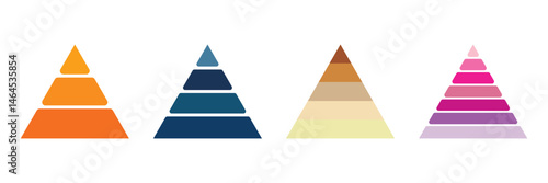 Pyramid infographic set. Colorful vector triangle diagram, triangular pyramid infographics, designed for business presentations, charts, educational materials. pyramid diagrams with ascending levels.