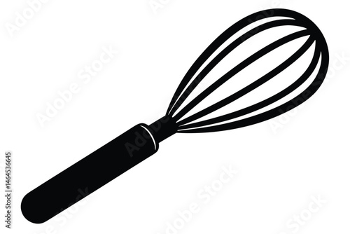 Black and white whisk has a handle and a wired balloon shape