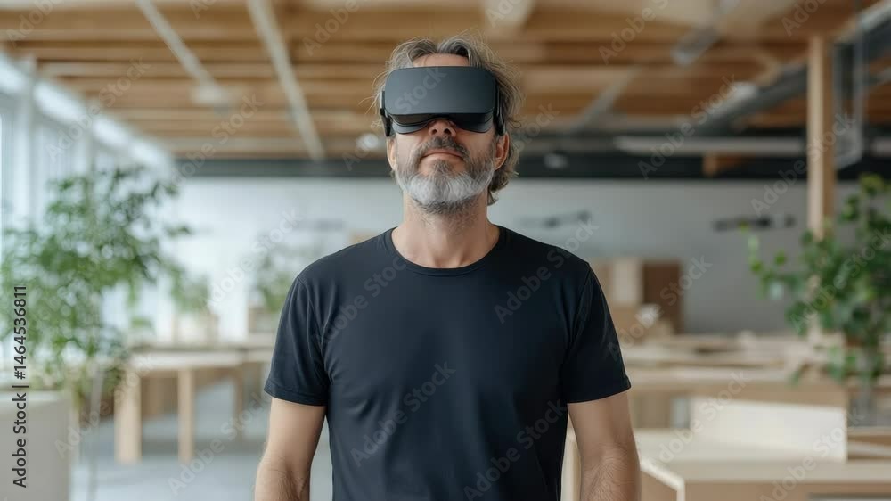 Immersive Virtual Reality Technology Mans Experience in Modern Workspace with Headset Immersive Virtual Reality Technology Mans Experience in Modern Workspace with Headset