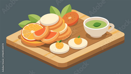 A delicious display of mini pancakes sliced peaches and a dollop of key lime yogurt dip arranged on a wooden board.. Vector illustration