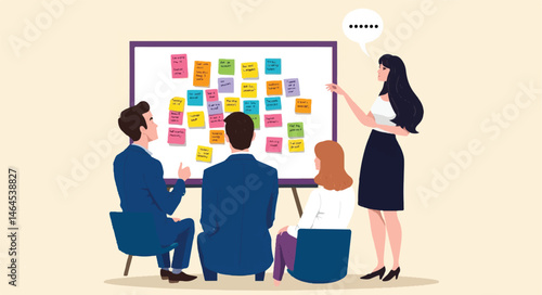 Collaborative Brainstorming Session: Teamwork, Ideas, and Project Planning , Business Workshop Concept. Vector cartoon illustration of a group of diverse people 