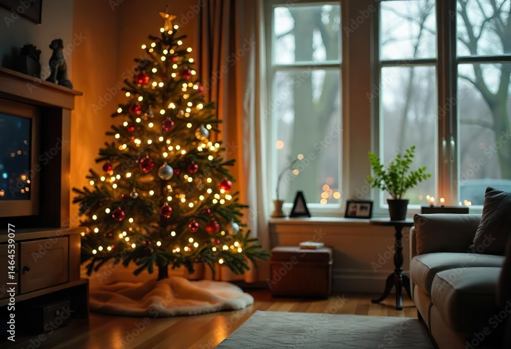 Close-up of the modern Christmas tree with simple decorations in a brightly lit living room, decorated with Christmas decorations, sunlight flowing through the window, and Scandy's design Close-up of the modern Christmas tree with simple decorations in a brightly lit living room, decorated with Christmas decorations, sunlight flowing through the window, and Scandy's design
