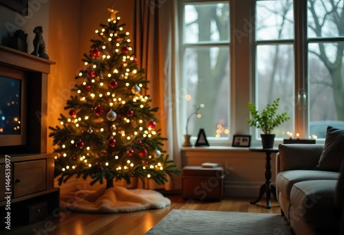 Close-up of the modern Christmas tree with simple decorations in a brightly lit living room, decorated with Christmas decorations, sunlight flowing through the window, and Scandy's design