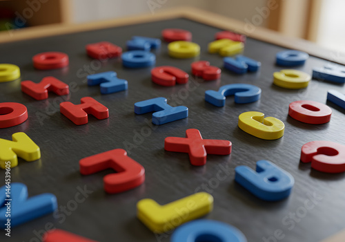 Colorful Magnetic Alphabet Letters on a Blackboard: Early Childhood Education and Learning Resources