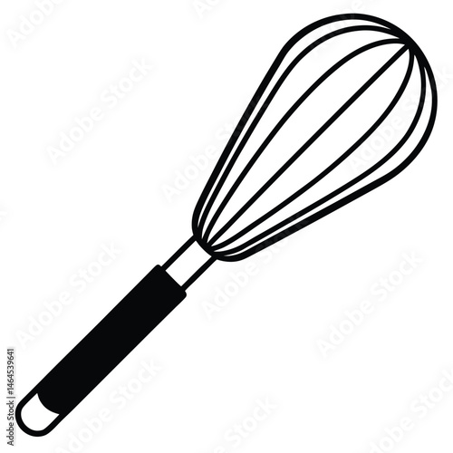 A simple black whisk with rounded lines is depicted against the white backdrop