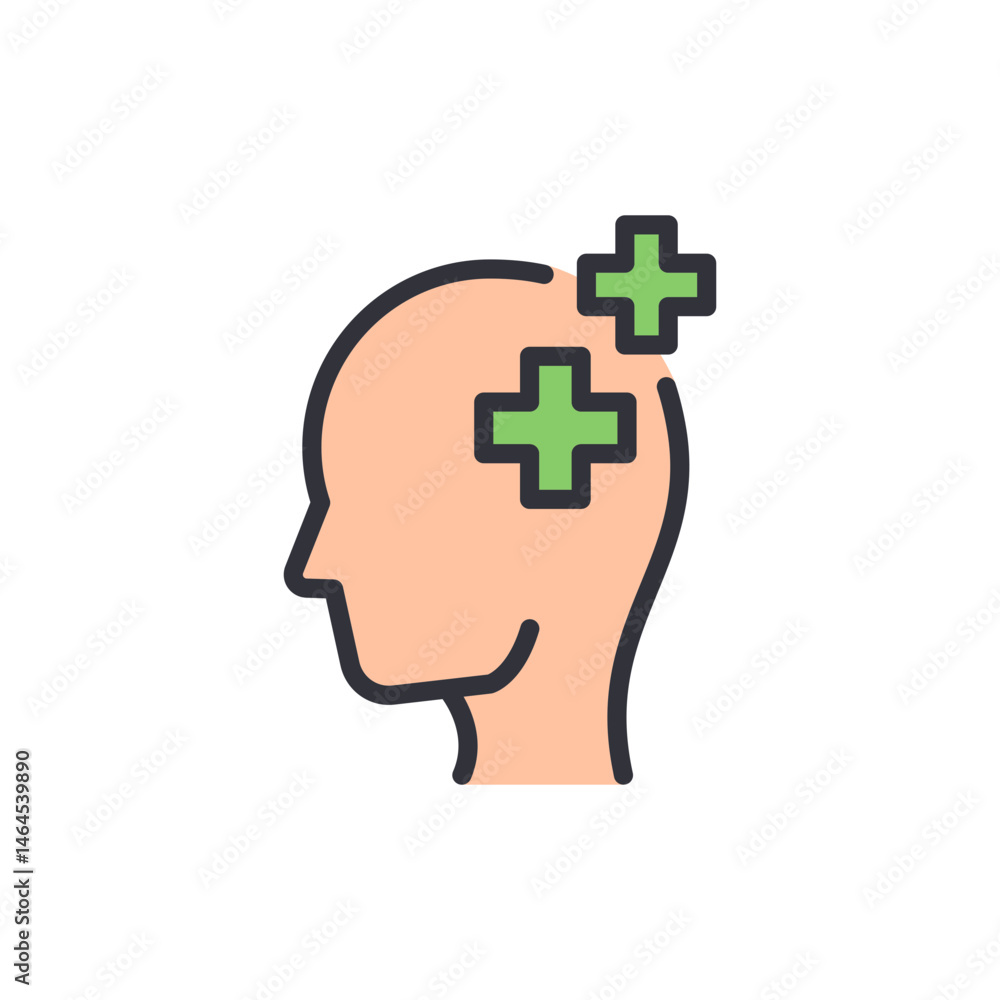 Illustration of mental health with plus signs over a human head outline Illustration of mental health with plus signs over a human head outline