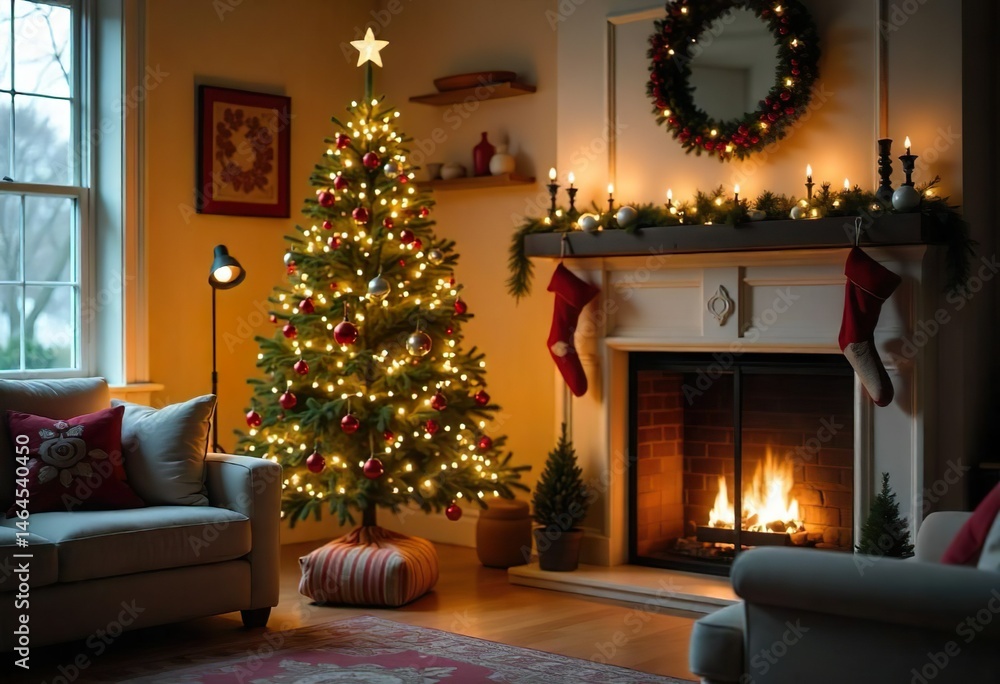 Close-up of the modern Christmas tree with simple decorations in a brightly lit living room decorated with Christmas decorations,sunlight flowing through the window, Scandy's design, fireplace in room