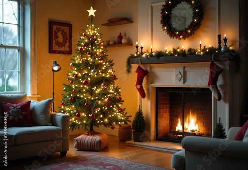 Obraz na płótnie Close-up of the modern Christmas tree with simple decorations in a brightly lit living room decorated with Christmas decorations,sunlight flowing through the window, Scandy's design, fireplace in room w salonie