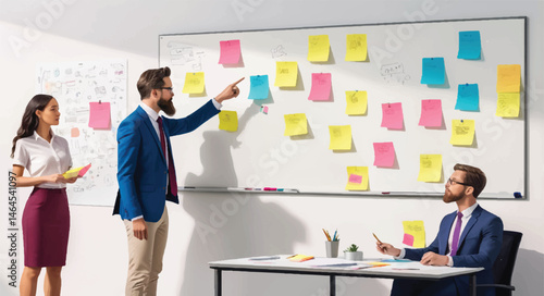 Business Workshop Concept. Vector cartoon illustration of a group of diverse people Agile Team Planning: Kanban Board for Project Workflow