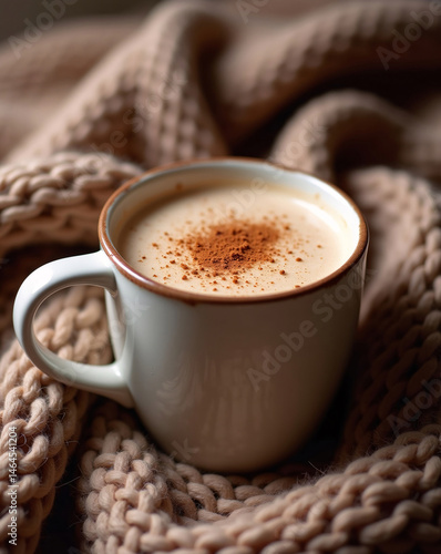 Functional Wellness Cocoa Drink In Ceramic Mug With Almond Milk And Cinnamon, Placed On Cozy Blanket, Warm Lighting, Soft Natural Mood, Diabetic-Friendly Hot Beverage Concept