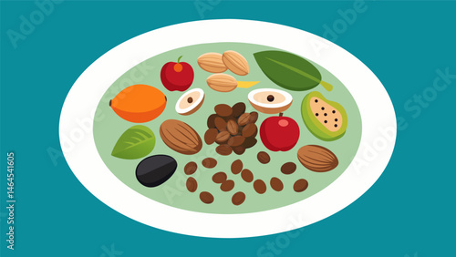 A plate featuring assorted nuts seeds and dried fruit for a lowcarb trail mix.. Vector illustration