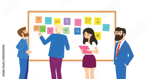 Kanban Board: Team Project Management & Workflow ,Business Workshop Concept. Vector cartoon illustration of a group of diverse people 