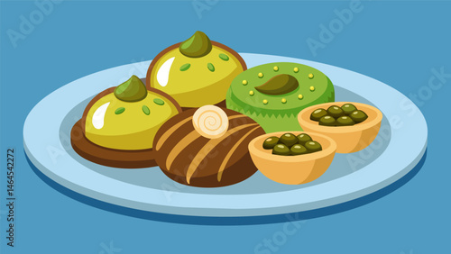 A fusion of sweet and savory with delicate pastries filled with cheese or dates and topped with crushed pistachios.. Vector illustration