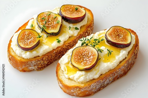 Toasted bread topped with creamy cheese, fig slices, and honey drizzle, garnished with fresh thyme
