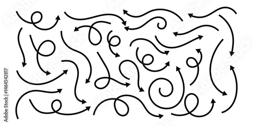 Set of Hand drawn vector arrows. Set of hand drawn vector arrows in a playful doodle style, sketched with irregular lines to give a casual, artistic look. Includes a variety of arrow shape.