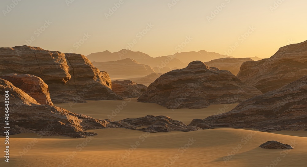 Naklejka premium Desert Dawn: A breathtaking landscape of undulating sand dunes and majestic rock formations unfolds, bathed in the warm embrace of the early morning sun.