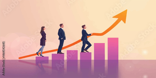 Team Climbing to Success: Business Growth Strategy , Business Success Concept. Vector cartoon illustration of a group of diverse people in business suits running up a rising graph. Isolated on backgro